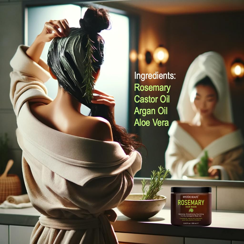 Rosemary Hair Treatment - with Collagen, Biotin, Argan Oil for Dry, Damaged, Curly Hair - Strengthening Deep Conditioner for Split Ends & Growth - 8.45 fl oz