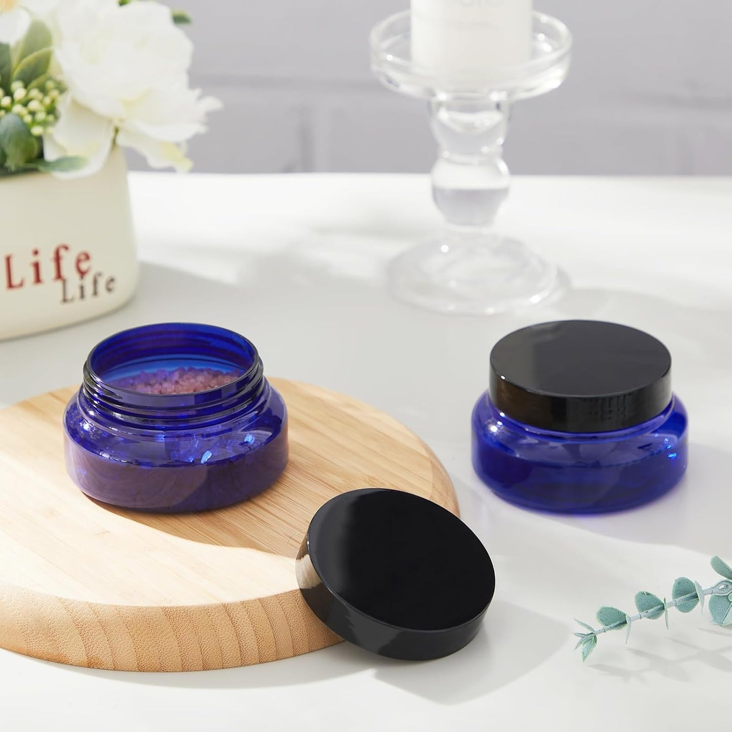 Tessco 24 Pack Plastic Jars with Lids Labels Empty Clear Plastic Jars Round Refillable Cosmetic Containers Body Butter Containers Bulk Sugar Scrub Bottle for Make Up(5 oz,Blue, Black)