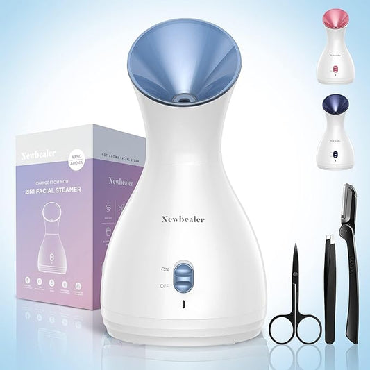 Newbealer 2in1 Facial Steamer, Hot Mist Facial Aromatherapy Humidifier Atomizer, Large Face Steamer Unclogs Pores Sinuses Moisturizing, Home Sauna Spa with Eyebrow Set (Blue, 170ml)