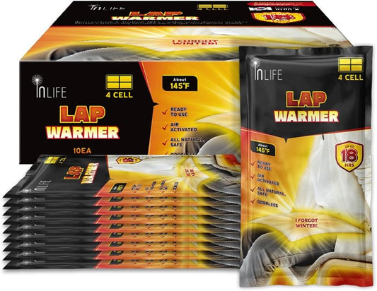 InLife Super Warmer for Lap and Body, All Natural & Safe, Bigger & Wider Area Covered, Higher Heating 145°F, Air Activated, Easy & Comfort, Steady Longer Lasting, Odorless, 10 Packs