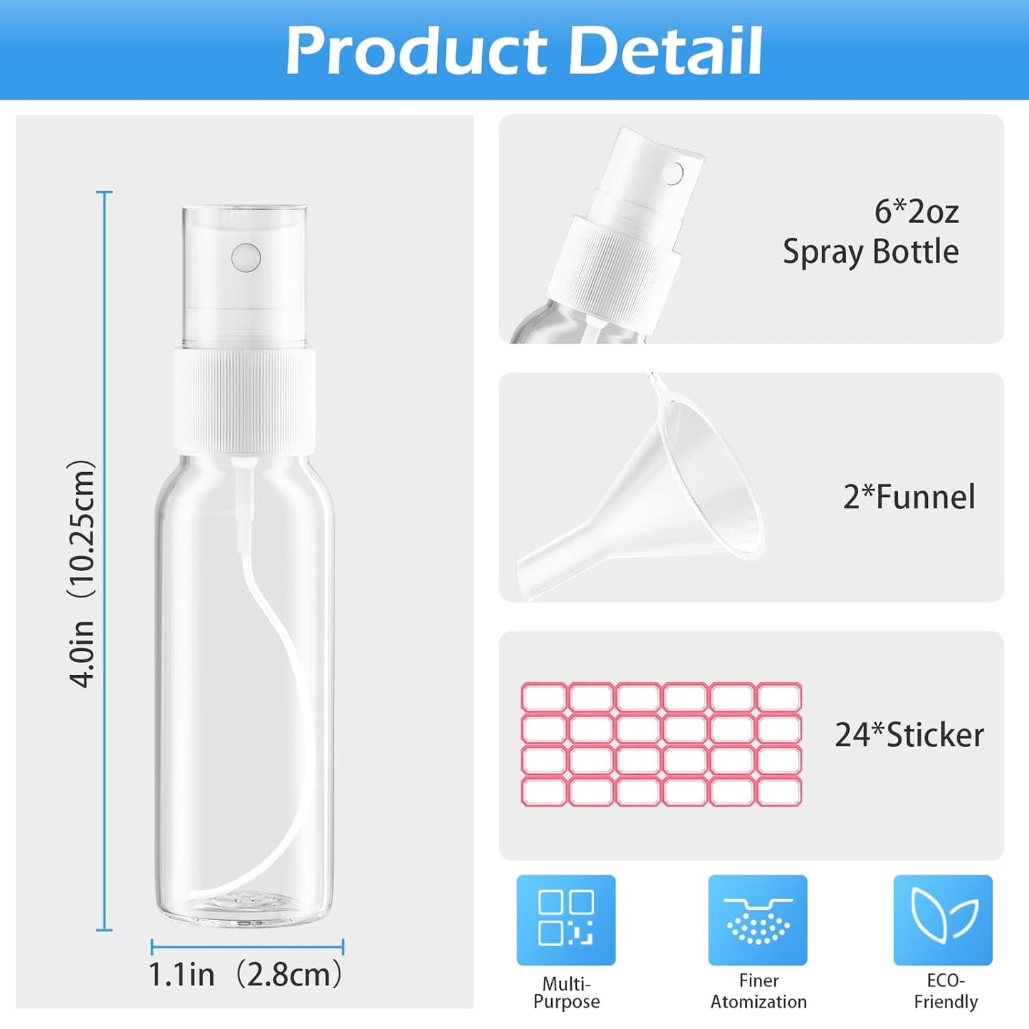 Spray Bottles, 1oz/30ml Clear Empty Fine Mist Plastic Mini Travel Bottle Set, Small Refillable Liquid Containers with 2pcs Funnels and 24pcs Labels (6 Pack)