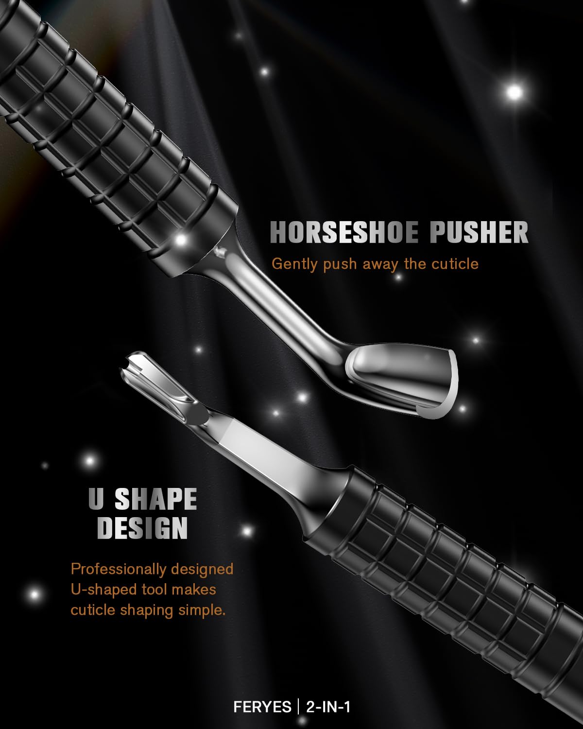 FERYES Upgraded Horseshoe Shape Cuticle Pusher with Fork, 2-in-1 Cuticle Remover Tool, Stainless Steel Cuticle Trimmer Nail Care Tool for Manicures- Black(5.6 Inches）