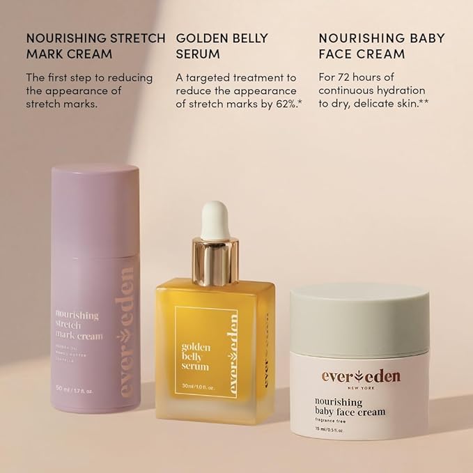 Evereden Mama & Baby Discovery Set - Dermatologist-Developed Clean & Vegan Maternity Skin Care Bundle - Stretch Mark Cream, Belly Serum, & Nourishing Baby Face Cream - Postpartum Gifts for New Mom