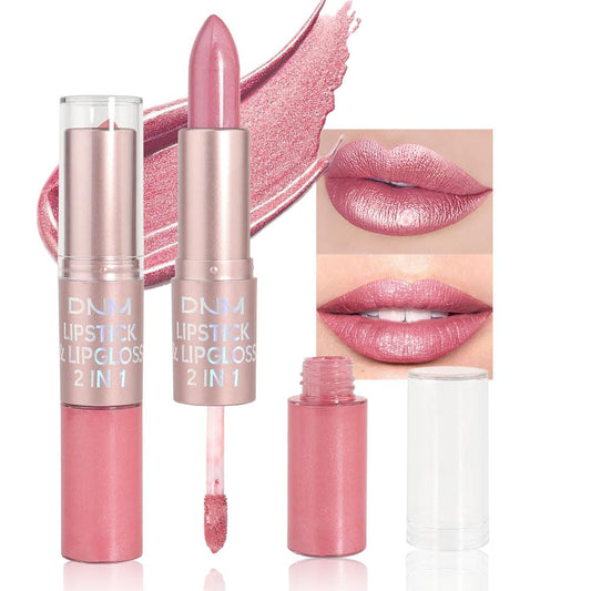 evpct 2 in 1 Light Pink Glitter Metallic Shimmer Diamond Lipstick and Lip Gloss Set for Women Long Lasting Waterproof, Bright Rose Pink Sparkle Glitter Shiny Lipstick and Lip Liner Makeup set, 01#