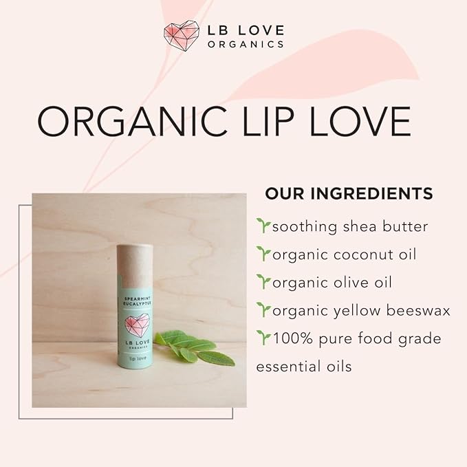 Plastic Free Lip Love | Jumbo Organic Lip Balm | Organic Beeswax and Plant Based | Zero Waste Natural Lip Balm (Spearmint Eucalyptus)