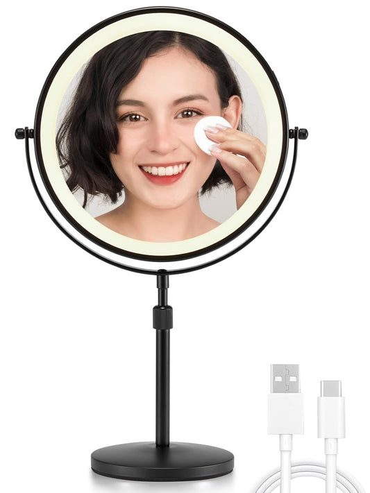 OMIRO 3X/10X Magnifying Makeup Mirror with Lights, 8.5 Inches Double Sided Swivel-Free Vanity Mirror with Height-Adjustable Stand. (Black)