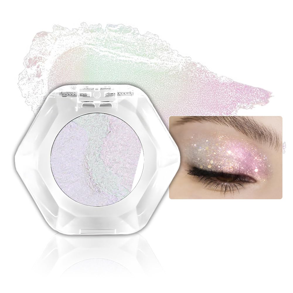 evpct Pearl White Glitter Holographic Iridescent Sparkly Eyeshadow Palette Makeup, White Pink Shimmer Glitter Loose Powder Single Eyeshadow Palette, Chameleon Multichrome Eye shadow Makeup Highlighter