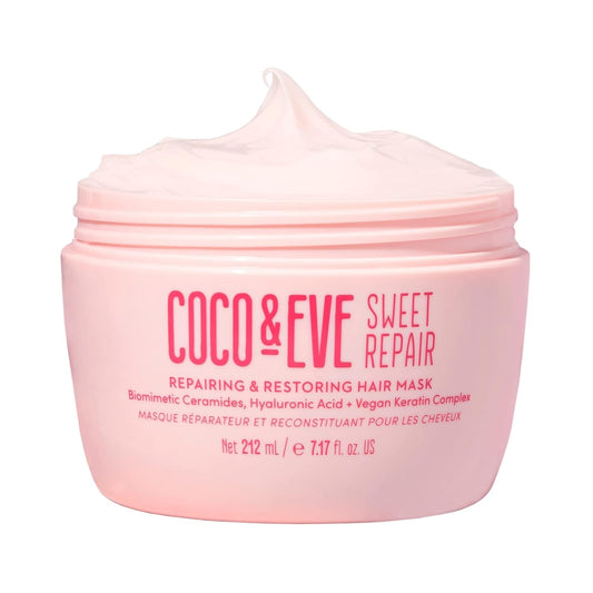 Coco & Eve Sweet Repair Repairing and Restoring Hair Mask. 85% stronger hair, reduce hair damage by 65%. Biomimetic Ceramides, Hyaluronic Acid, Vegan Keratin. Increase Hydration & Shine.
