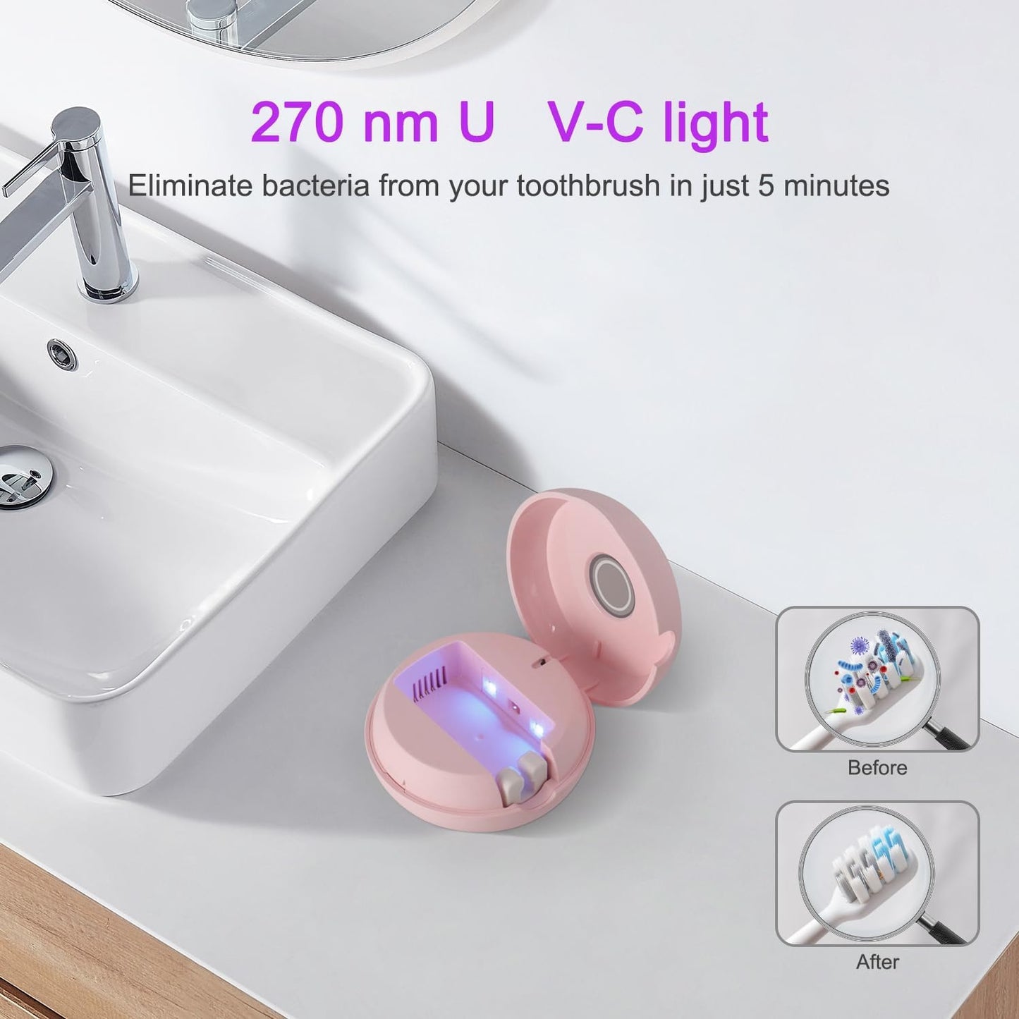 Toothbrush Holder, Toothbrush Cleaner Case, Portable USB Charging Toothbrush Cover with U V-C Light, Travel Toothbrush Holder (Pink-Mirror)