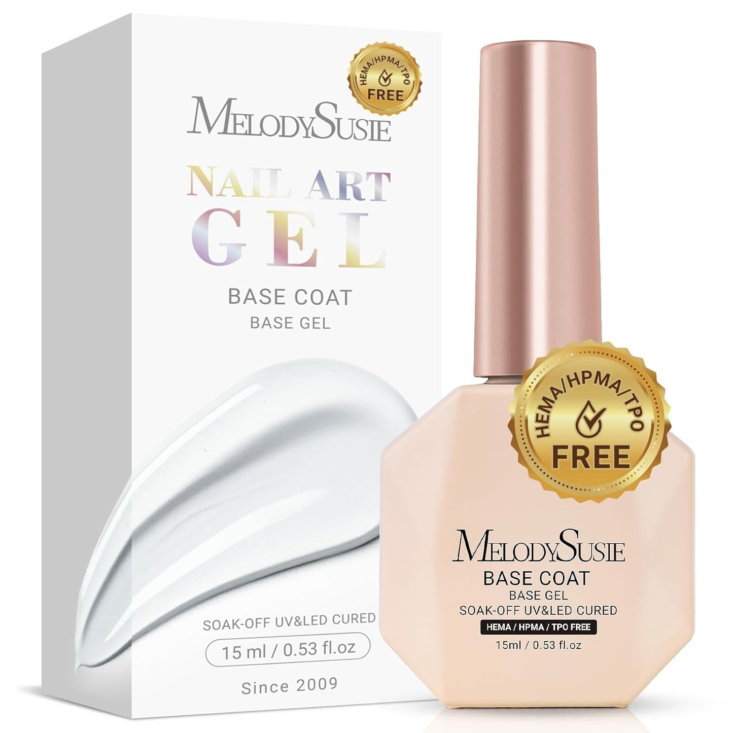 MelodySusie Hema Free Gel Base Coat,Hema Free,Hpma Free,Tpo Free,No Wipe,Soak off UV LED Drying,Long Lasting Gloss Shiny 15ML