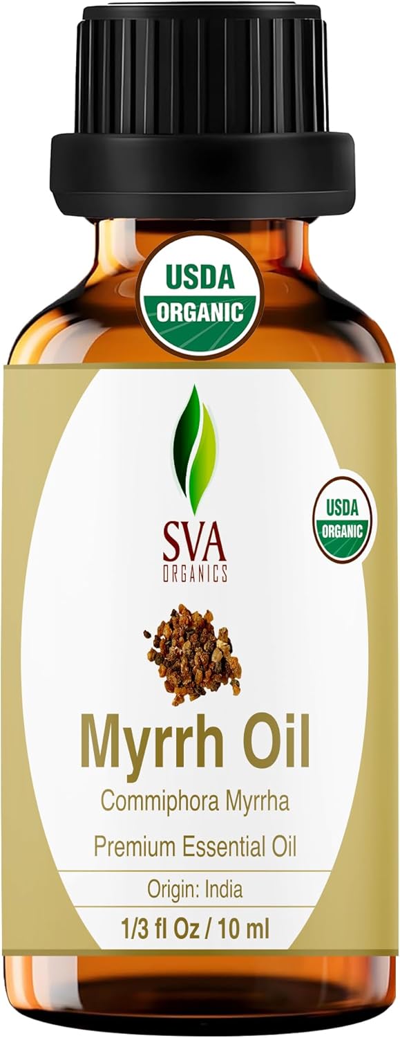 SVA Myrrh Essential Oil Organic – 1/3 Fl Oz – 100% Natural Organic Myrrh Oil - for Diffuser, Hair Care, Face, Skin Care, Aromatherapy, Scalp and Body Massage, Soap and Candle Making