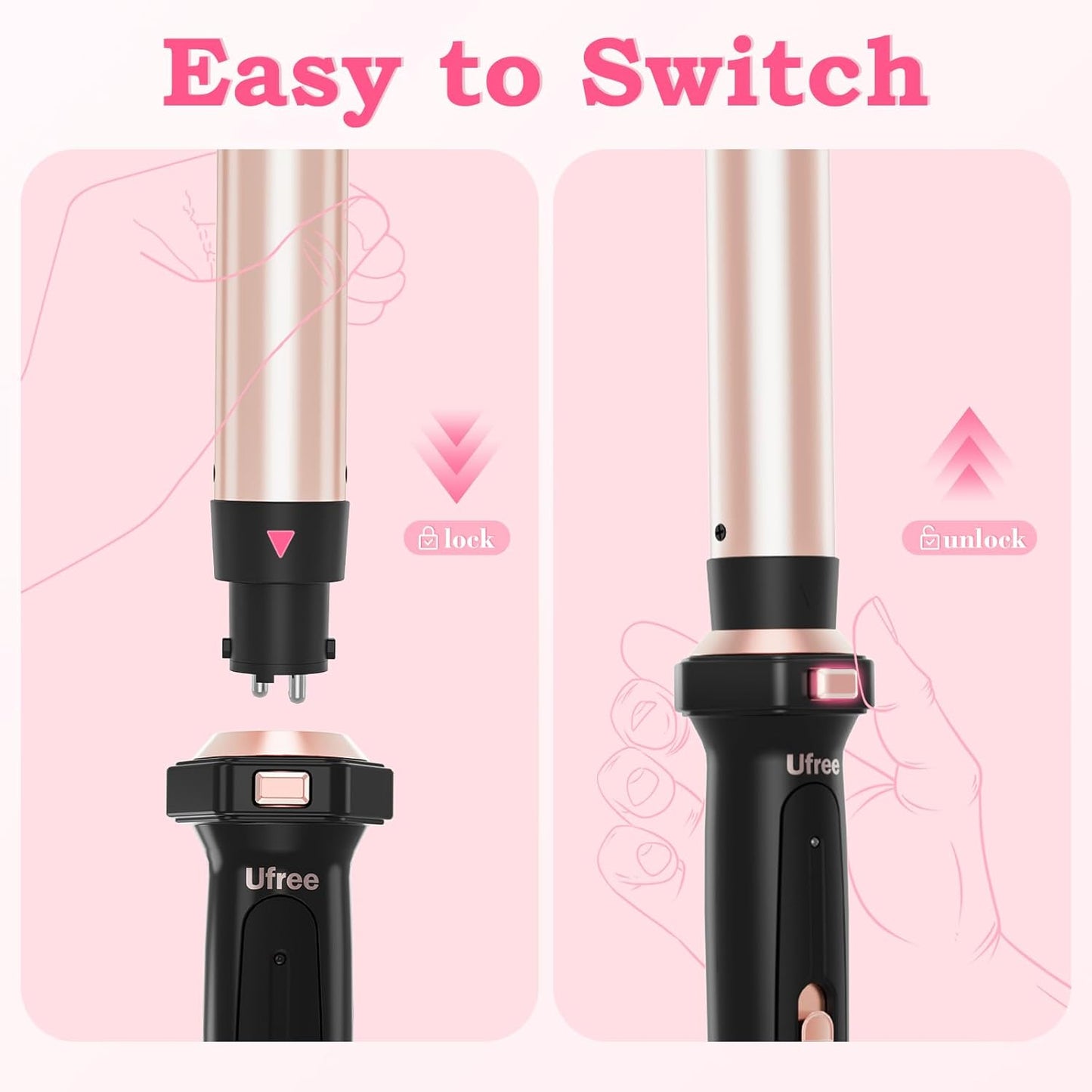 Ufree 5 in 1 Curling Iron with Interchangeable Ceramic Barrels (0.35"-1.25"), Curling Wand Set with Flat Iron Hair Straightener, Instant Heat Up, Dual Voltage Hair Curler, Gifts for Women