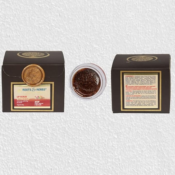 ROOTS AND HERBS Ayurvedic Cacao & Manjistha Cane Sugar Lip Scrub 100% Vegan, No-Paraben, No-SLS, No-Sulphate & Natural Treatment Exfoliator for Dark, Dry, Chapped Smooth & Brighter Lips (15gm/0.53oz)