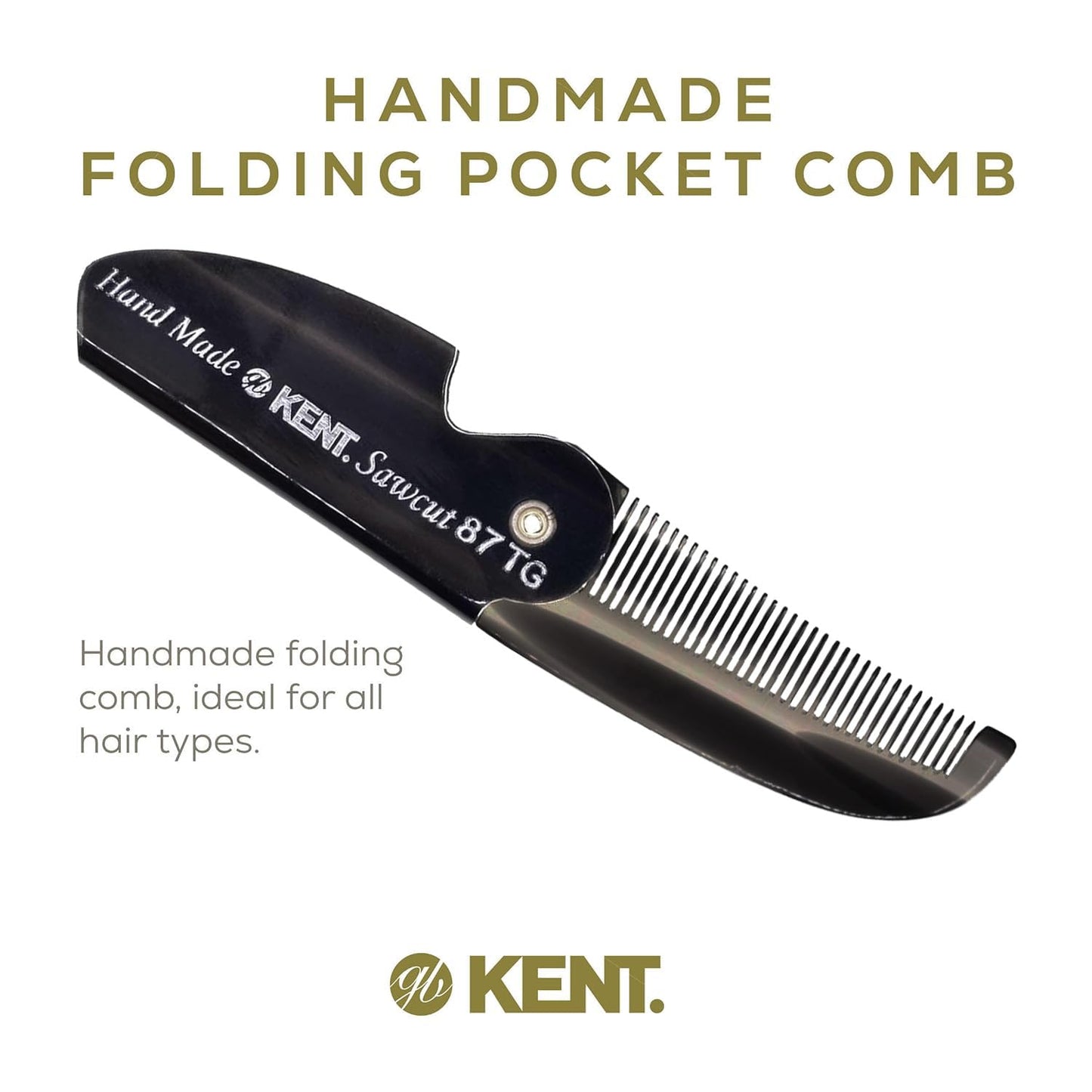 Kent 87T Black Graphite Handmade Folding Pocket Comb for Men, Fine Tooth Hair Comb Straightener for Everyday Grooming Styling Hair, Beard or Mustache, Saw Cut Hand Polished, Made in England (6 Pack)