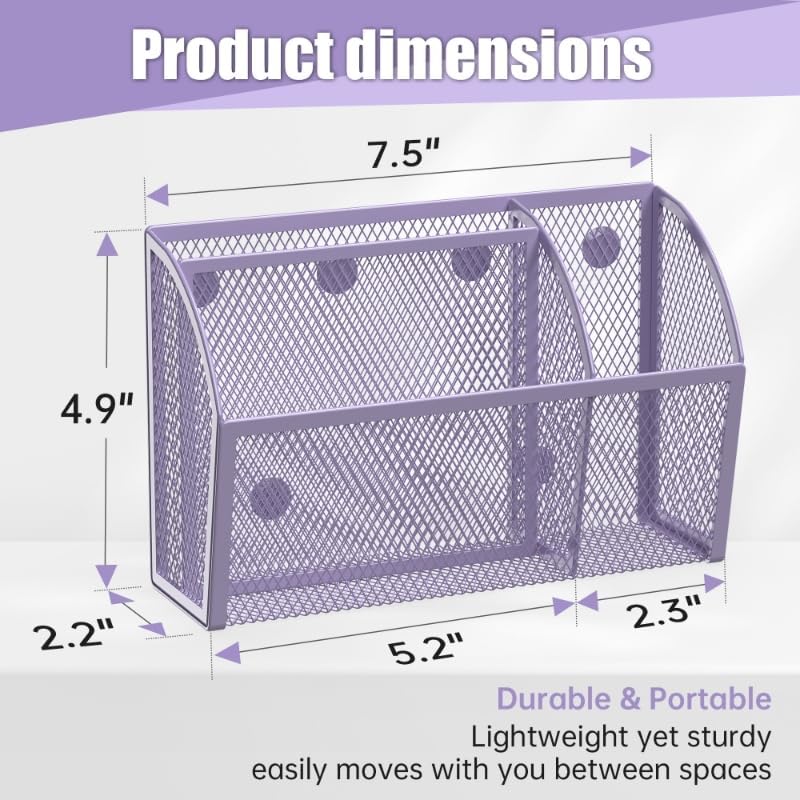 YINGHUA Strong Magnetic Pen Holder for Whiteboard and Refrigerator 3 Compartments Metal Mesh Organizer Space Saving Shelf for Office School Home and Locker - Purple