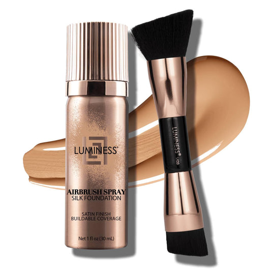 LUMINESS Silk Airbrush Spray Foundation 2-PC Kit - Foundation & Dual-Sided Angled Makeup Brush - Buildable Coverage, Anti-Aging Formula, Humidity Resistant, Hydrates & Moisturizes, Medium Warm