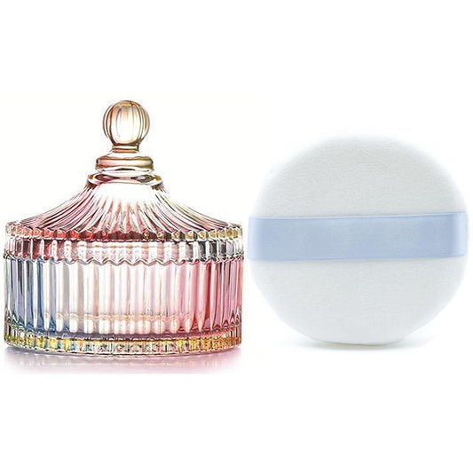 Ultra Soft Powder Puff and Rainbow Container 3.3" High Density Velvet Dusting Washable Reusable Powder Puff,Body Powder Puff and Glass Jar Holder Loose Powder Box with Puff(Multi-Color)
