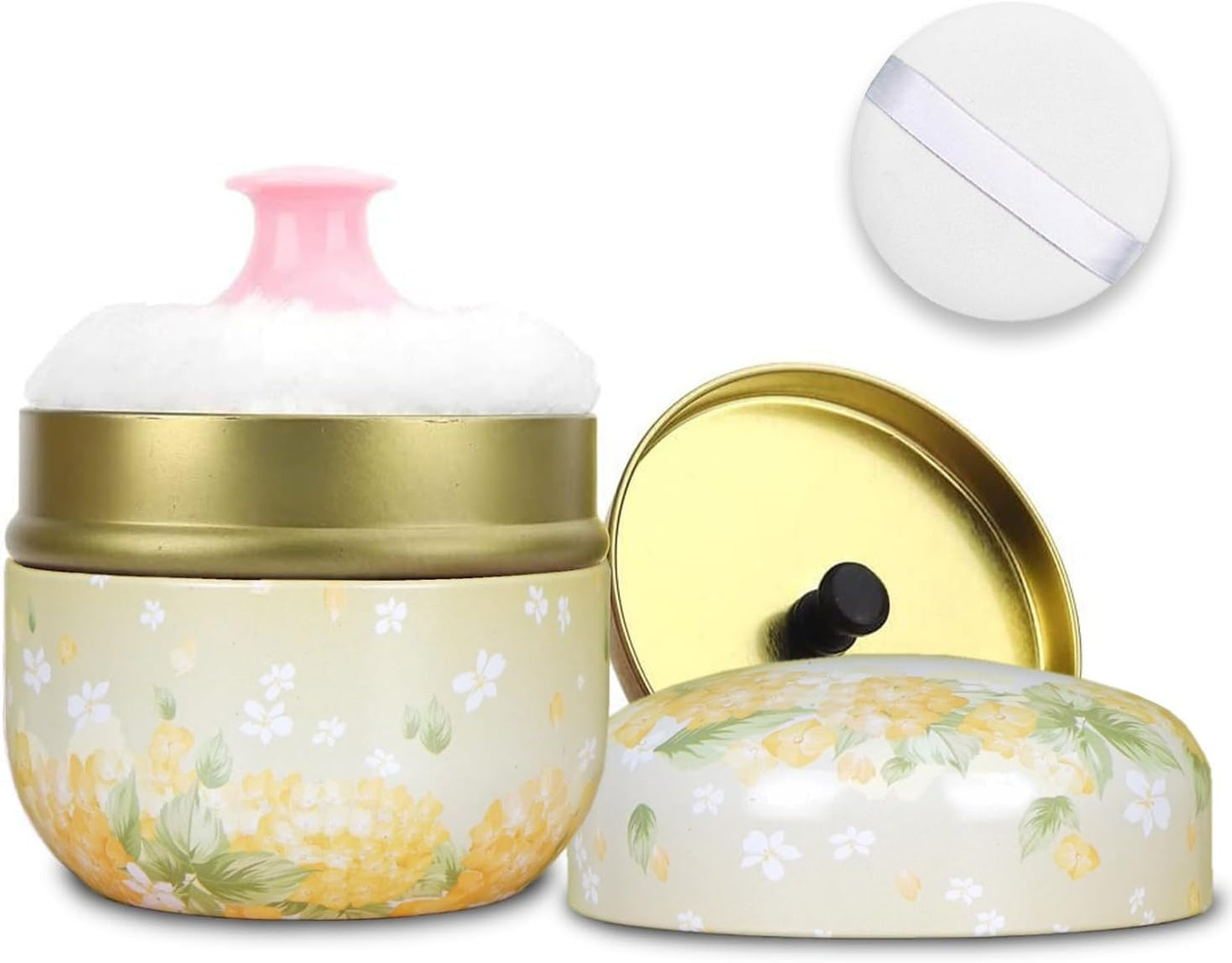 SHIMIDO Body Powder Puff and Container, 3.15" Portable Empty Body Powder Container for Baby Women's Loose Dusting Powder, Powder Case Box with Lids for Bath, Travel and Home Use (Yellow Flower)