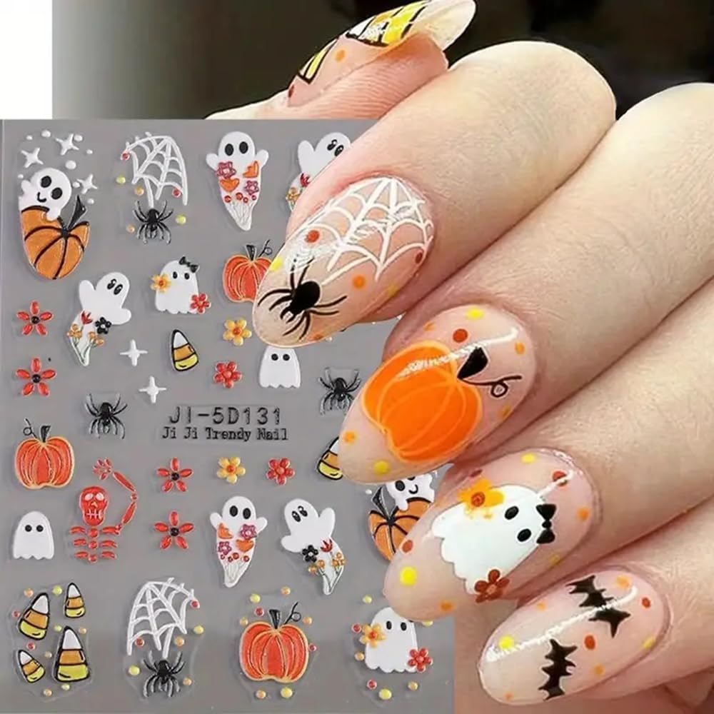 Halloween Nail Stickers Ghost Pumpkin Nail Art Stickers - 5D Embossed Nail Decals, 2 PCS Cute Cartoon Flower Spider Web Candy Designs, Adhesive Sliders for DIY Decorations