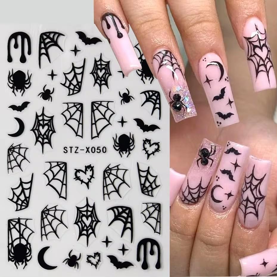 Halloween Nails Stickers Black Spider Web Nails Sticker 3D Embossed White Web Self Adhesive Sticker Nail Decals Black White Heart Web Nail Art Decals Halloween Decals for Nail DIY Manicure 4Sheet
