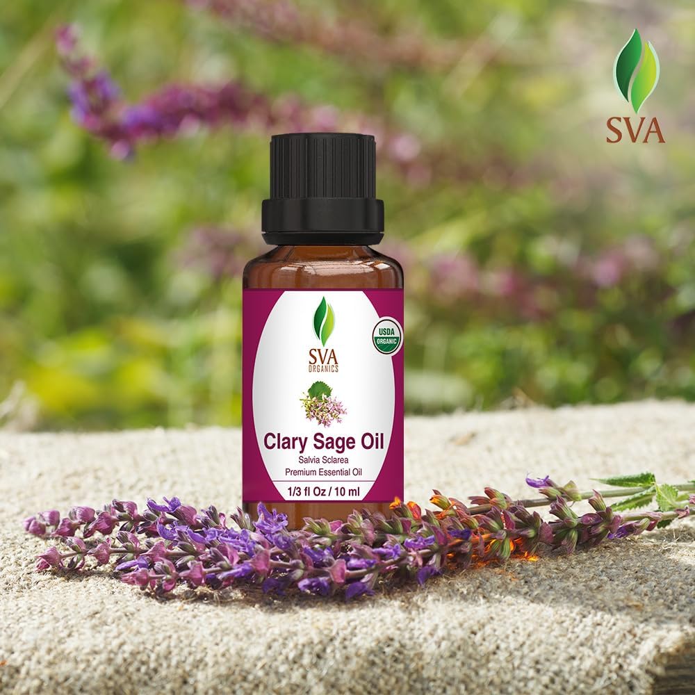 SVA Clary Sage Essential Oil Organic – 1/3 Fl Oz – 100% Natural Organic Clary Sage Oil - for Diffuser, Hair Care, Face, Skin Care, Aromatherapy, Scalp and Body Massage, Soap and Candle Making