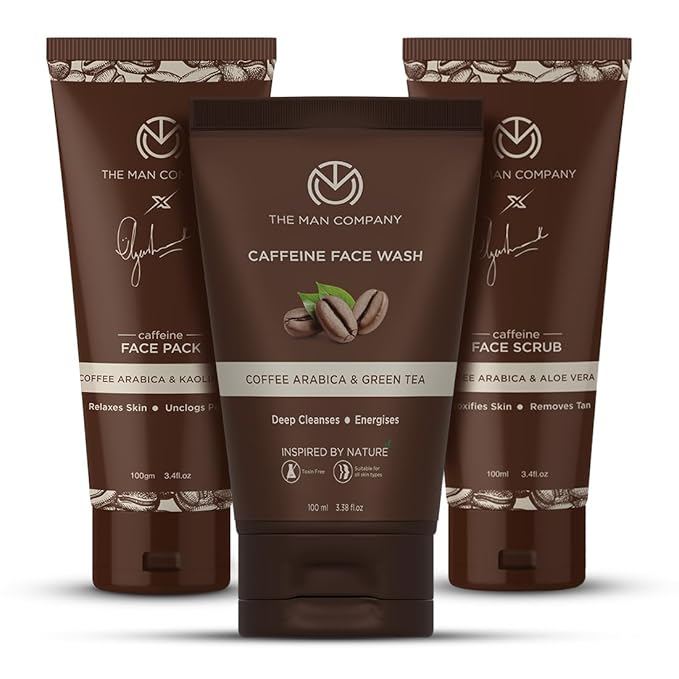 The Man Company Coffee Face Care Kit with Face Wash, Face Scrub, Face Pack | Cleanses, Detoxifies, Relaxes, Glowing and Brightening Skin - Pack of 3