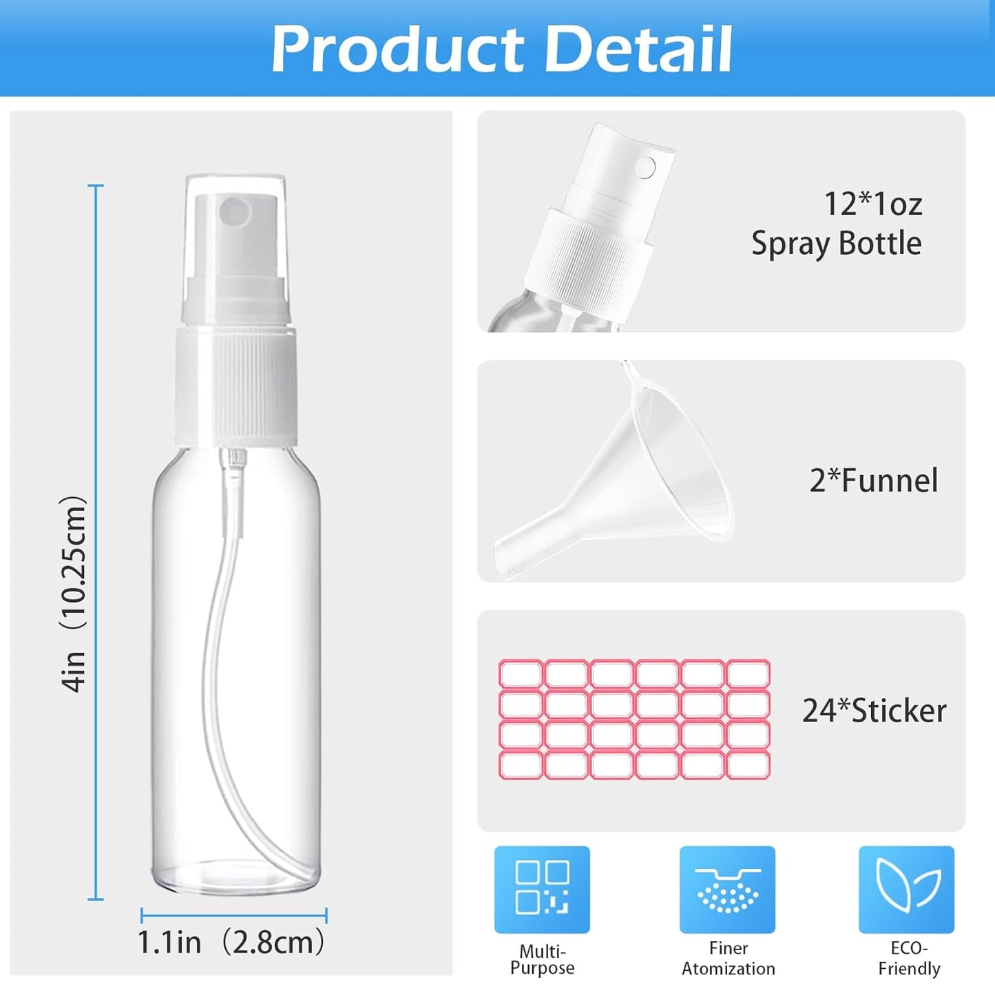 Spray Bottles, 1oz/30ml Clear Empty Fine Mist Plastic Mini Travel Bottle Set, Small Refillable Liquid Containers with 2pcs Funnels and 24pcs Labels (12 Pack)