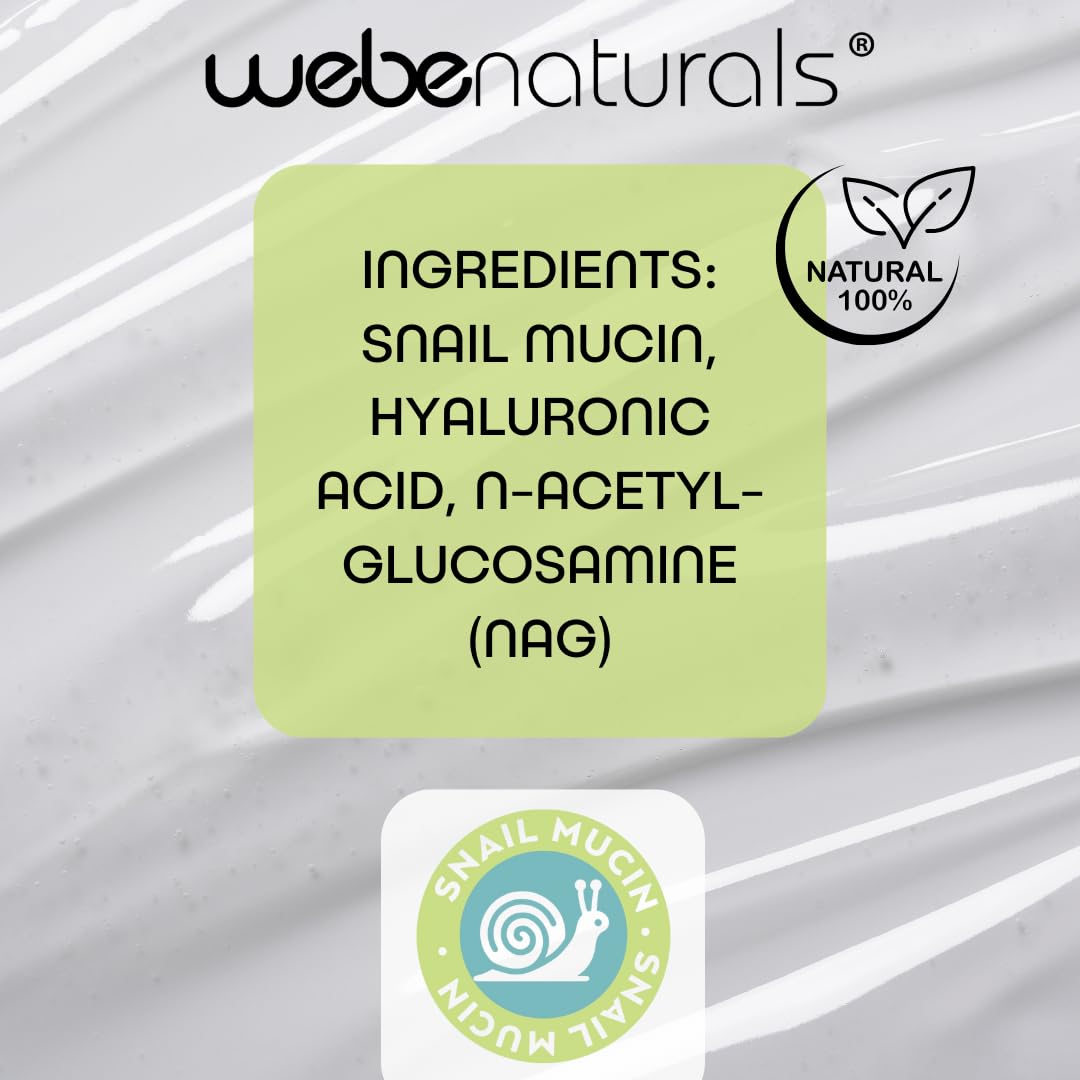 WEBE Naturals Snail Mucin 94% Hydrating Glow Serum | 1.3% Hyaluronic Acid & N-Acetyl Glucosamine | Collagen Boosting, Plumping, Anti Aging, Intense Moisturizing Serum for Radiant, Dewy Skin