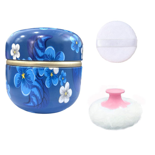 Body Powder Puff and Container for Dusting Powder, Women Powder Puff and Powder Case for Bath and Travel (Blue Season)