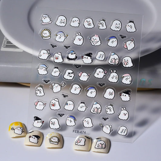 Halloween Nails Stickers White Ghost Nails Sticker 3D Embossed Cute Ghosts Self Adhesive Sticker Nail Decals Ghost with Hat Nail Art Decal Halloween Decals for Nail DIY Manicure 1Sheet