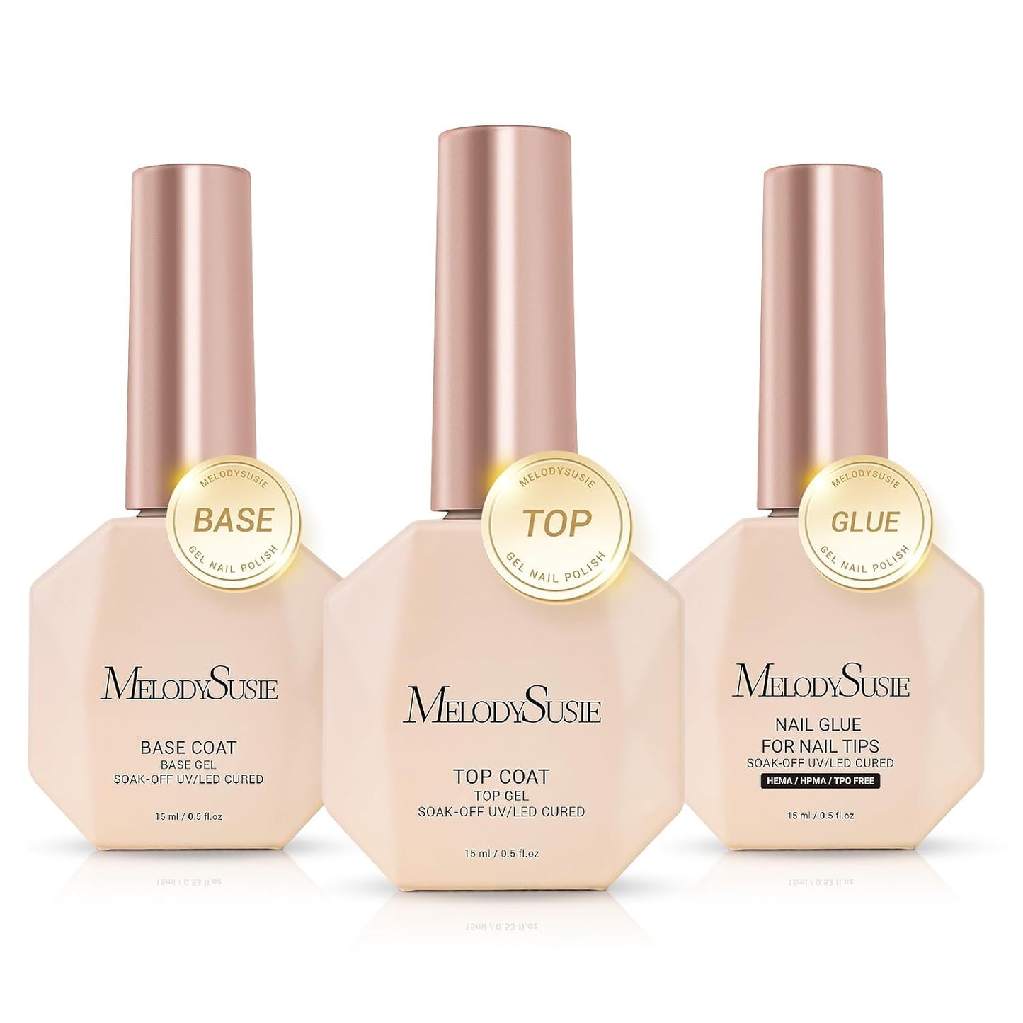 MelodySusie Top Coat Nail Glue Base Coat No Wipe Glossy Set Long Lasting Shine Finish Soak Off UV LED Nail Lamp Nail Art Design Manicure Kit Perfect Gifts for Women Girls 3 Pcs 15ml Clear