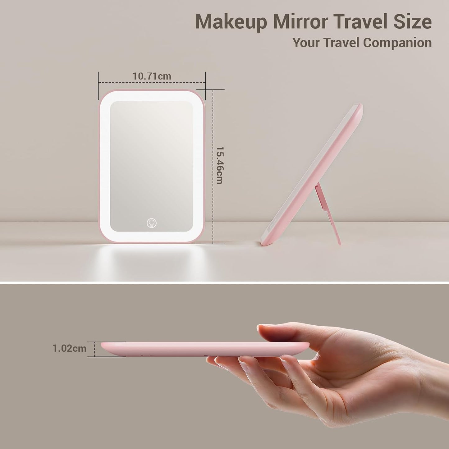Kintion Travel Makeup Mirror, 6"*4.2" Rechargeable Portable LED Lighted Tabletop Vanity Mirror, 3 Colors Touch Dimmable Compact Mirror for Women Gift, Pink