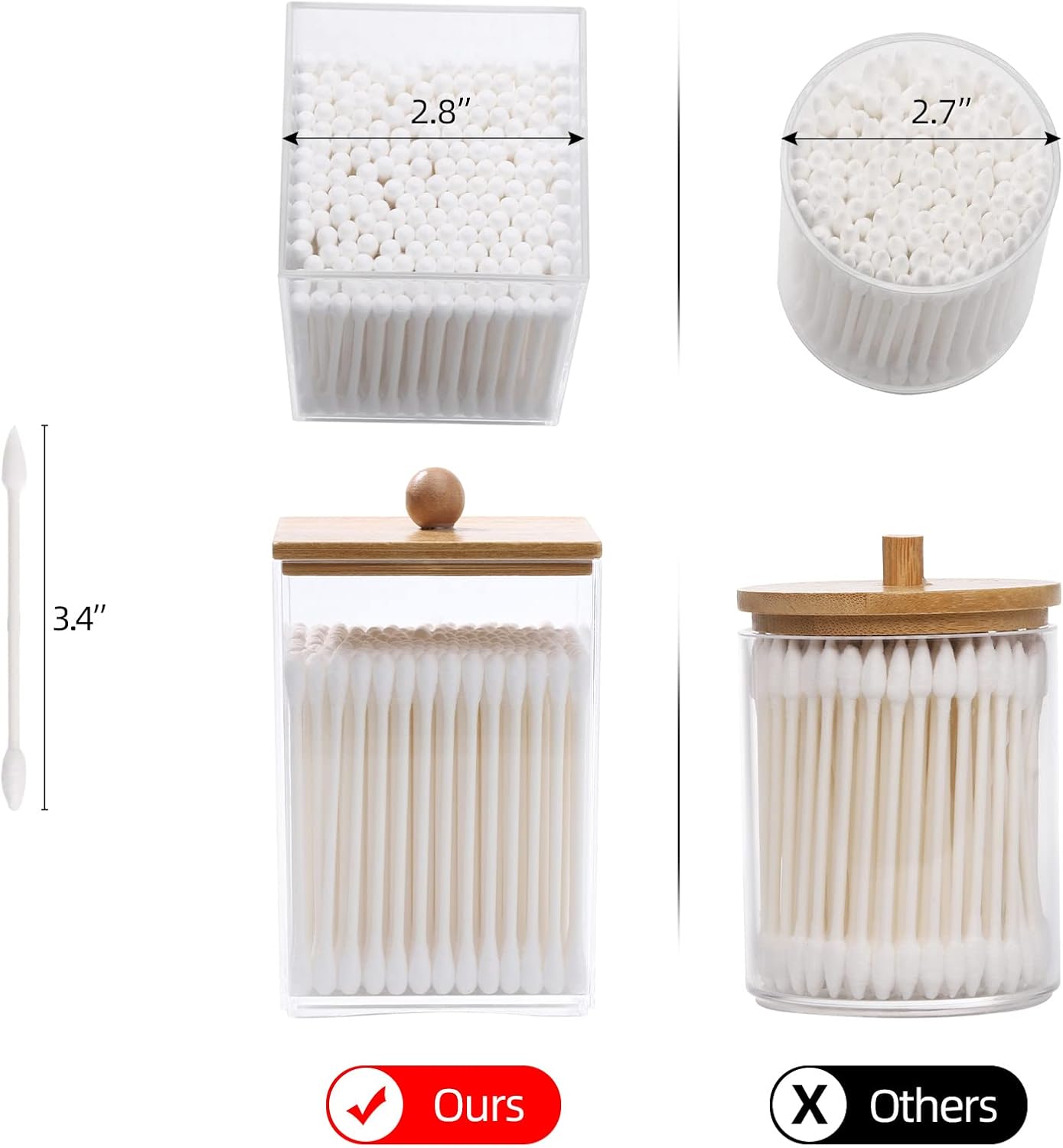 Tbestmax 3 Pack Square Qtip Holder - 12 oz Bathroom Organizers and Storage Containers, Plastic Apothecary Jars with Bamboo Lids for Cotton Ball, Cotton Swab, Floss