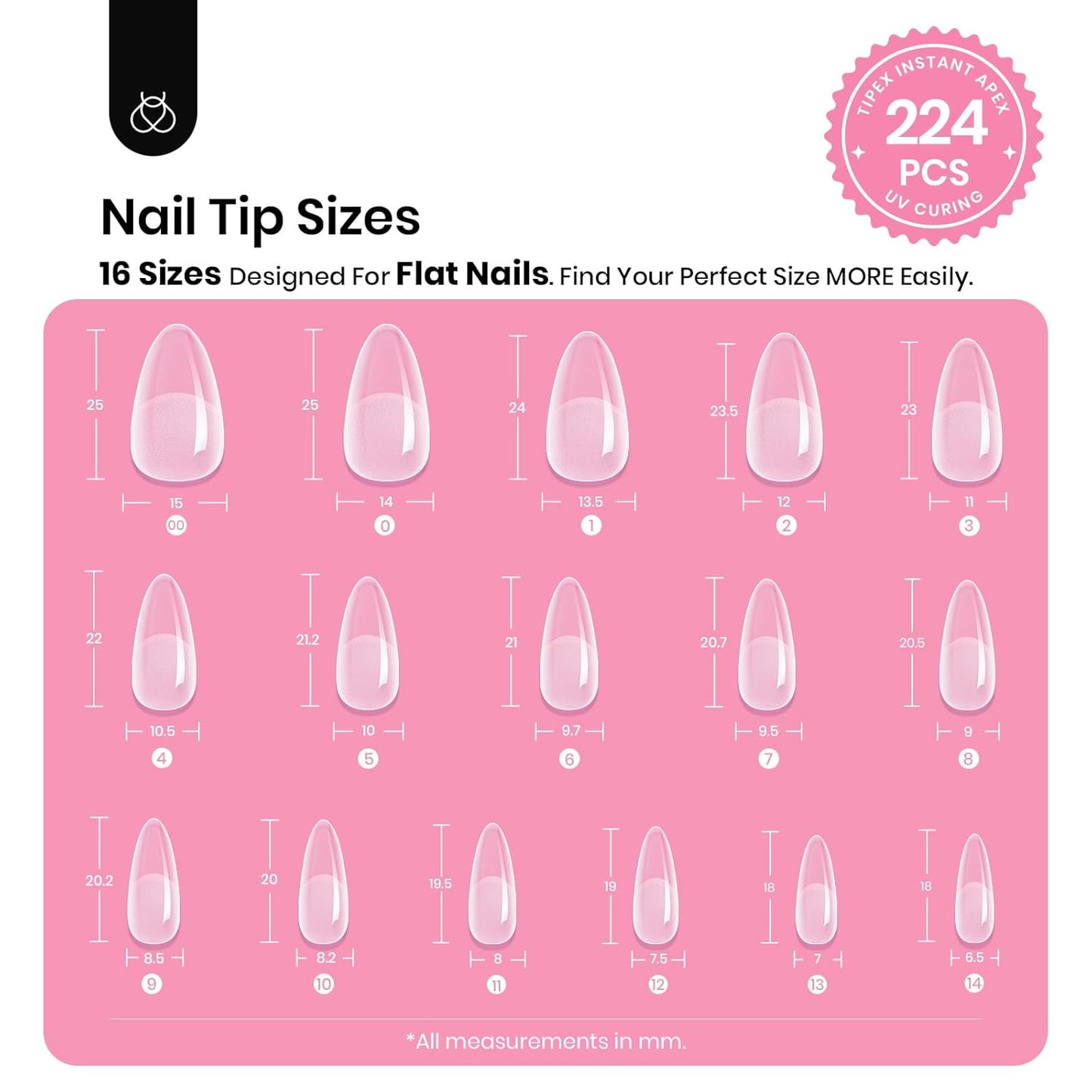 Beetles Tipex Gel Nail Kit, Medium Almond Nail Tips 224 Pcs 16 Sizes Pre-Building Pre-Etched False Nail Tips with Tipex Nail Glue, Mini Nail Lamp Thick Acrylic Nail Set Halloween Nails