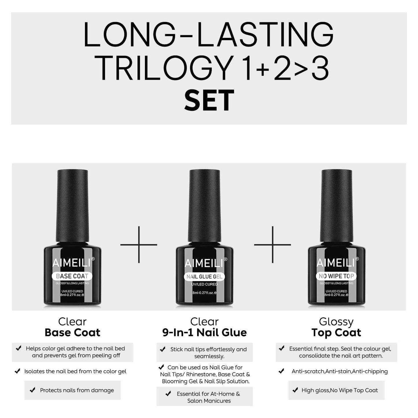 AIMEILI Base Coat Top Coat Nail Glue Gel Kit 3pcs, Hema Free, Cruelty Free, Vegan, Clear High Gloss Gel Nail Polish Long Lasting Nail Art