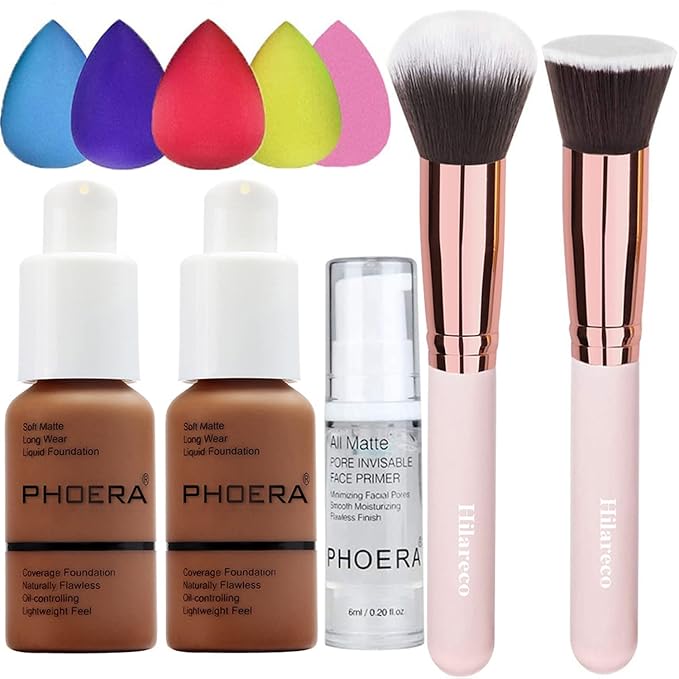 PHOERA Foundation Makeup for Wome Full Coverage Foundation Set,Face Primer Foundation Brush Powder Brush,5 Makeup Sponge,30ml PHOERA 24HR Matte Oil Control Concealer (110-Truffle)