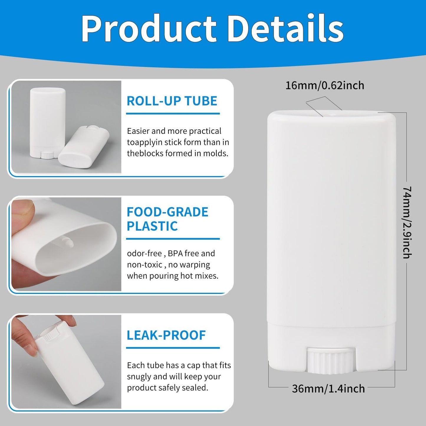 Empty Oval Deodorant Lip Lipstick Balm Tubes Containers Plastic (20-Pack) (15ml, white)