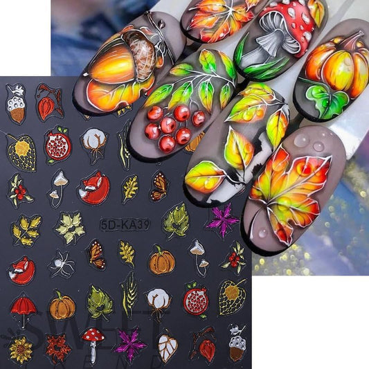 Fall Nails Stickers Autumn Leaves Nails Sticker 5D Embossed Maple Leaves Pumpkins Self Adhesive Sticker Nail Decals Colorful Thanksgiving Nail Art Decal Fall Decals for Nail DIY Manicure 1Sheet