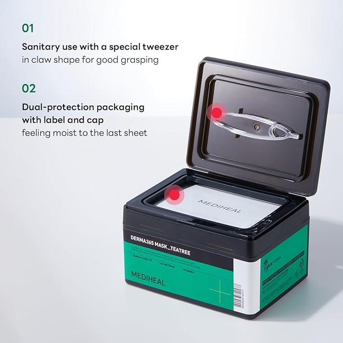 Mediheal Derma 365 Teetree Mask (30 Masks) - Daily Skin Care Mask for Deeply Comforting and Calming Skin with Teatree Active 4X