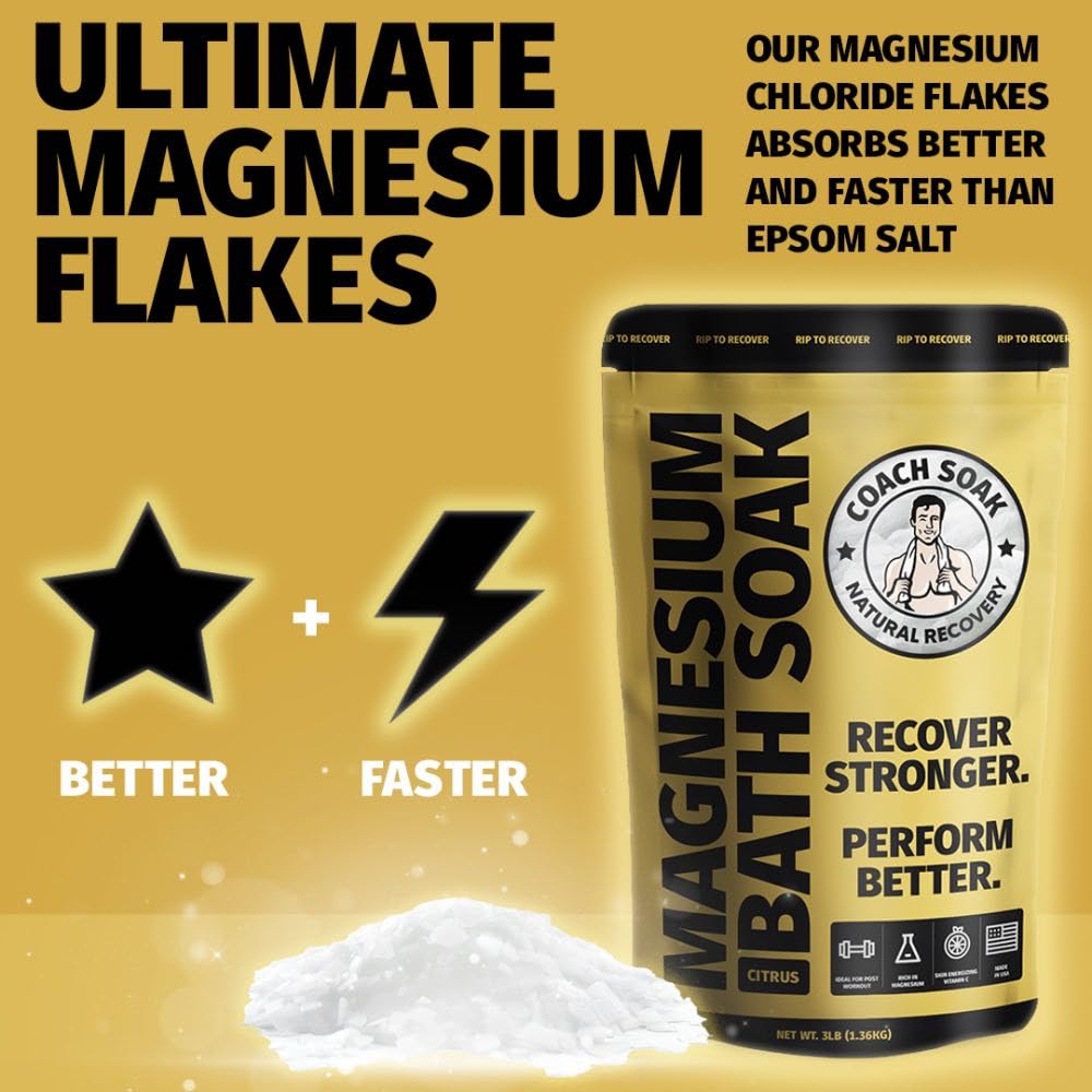 Coach Soak Recovery Bath Soak - Faster Absorption Than Epsom Salt for Pain - Rejuvenating Magnesium Flakes with 21 Minerals, Essential Oils & Bath Salts, 3lbs (Energizing Citrus)