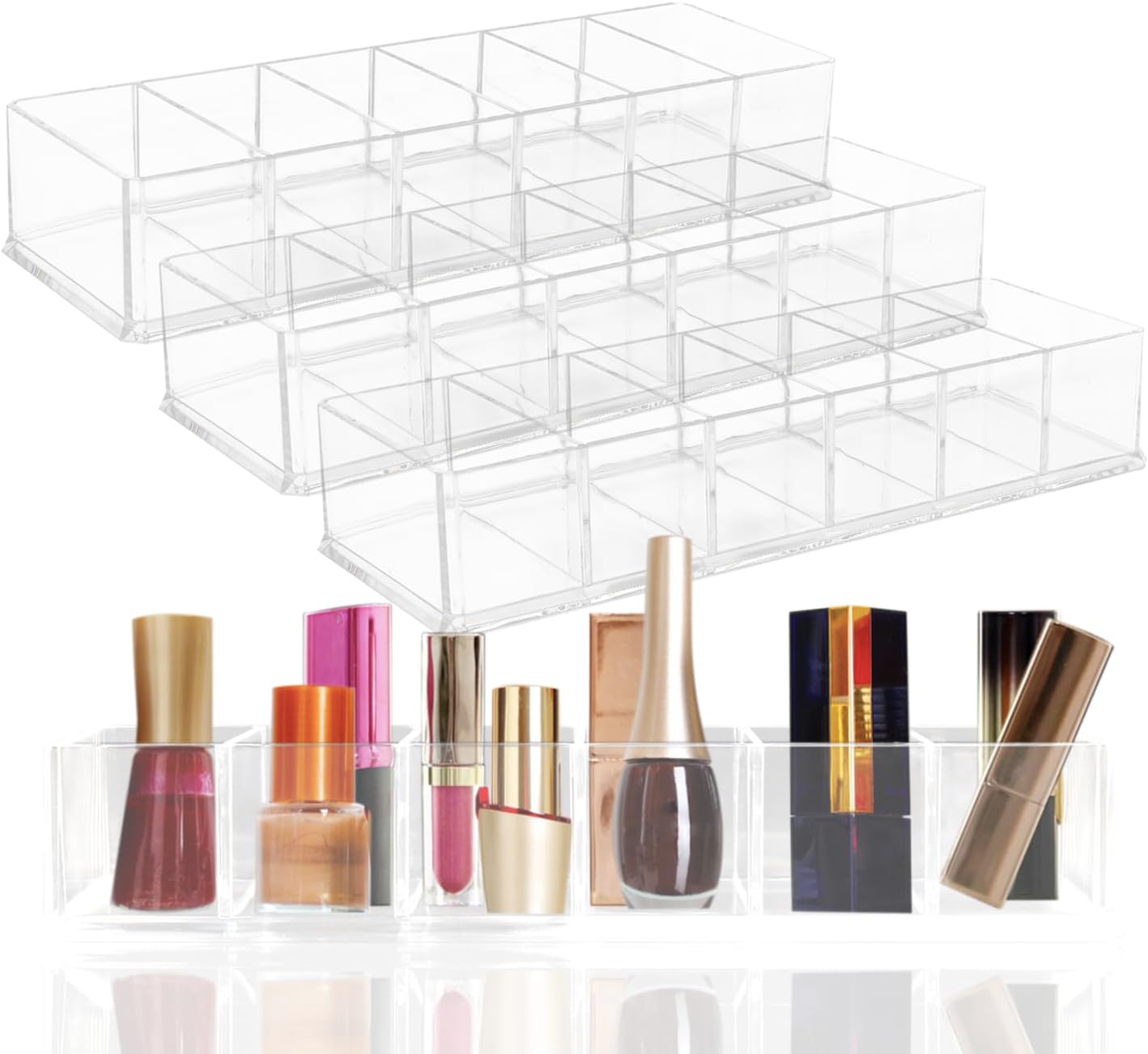 Nsmykhg Makeup Organizer Acrylic Cosmetic Storage Organizer,6 Compartments Acrylic Cosmetic Storage Jewelry Display Boxes, Clear Drawer Organizers Case,4 Pack (10 x 3.5 x 1.9 inches)