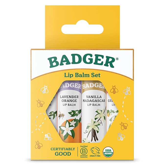 Badger - Classic Lip Balm Gold Box with Aloe, Extra Virgin Olive Oil, Beeswax & Essential Oils, Lip Balm Variety Pack, Certified Organic, 0.15 oz (4 Pack)