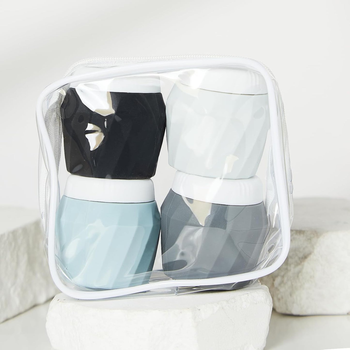 Travel Containers for Toiletries, Premium Silicone Cosmetic Cream Jars, TSA Approved Leak-Proof Refillable Travel Size Toiletries with Clear Bag for Cosmetic Face Body Cream (Gray, 1.7OZ)