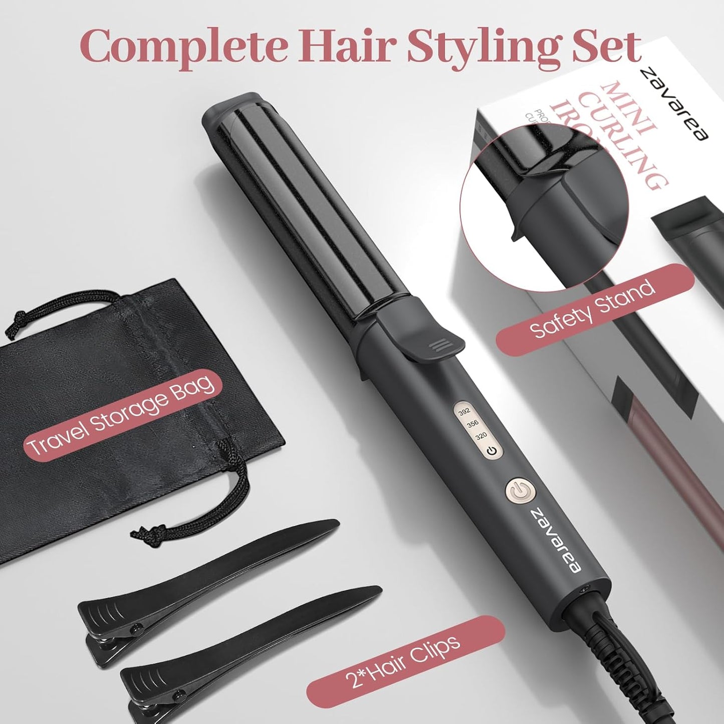 Zavarea Travel Curling Iron, 1 Inch Mini Curling Iron for Short Hair, Ceramic Barrel with 3 Adjustable Temp, Dual Voltage for Travel, Auto Shut-Off, Includes Storage Bag