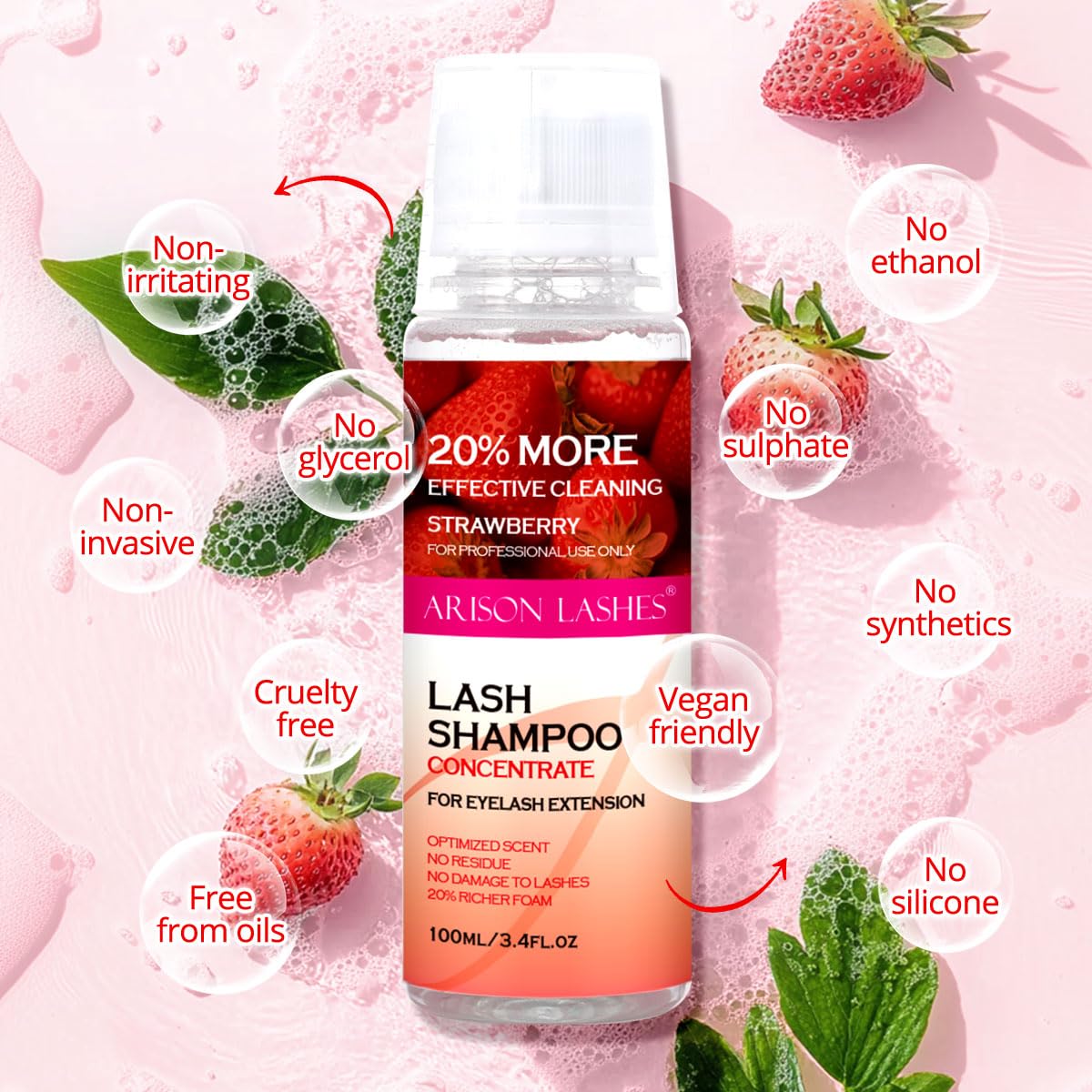 ARISON LASHES Lash Shampoo Concentrate for Lash Extensions 100ML Eyelash Cleanser Concentrate Oil-Free Eyelash Extension Shampoo with Salon Home Care(Strawberry)