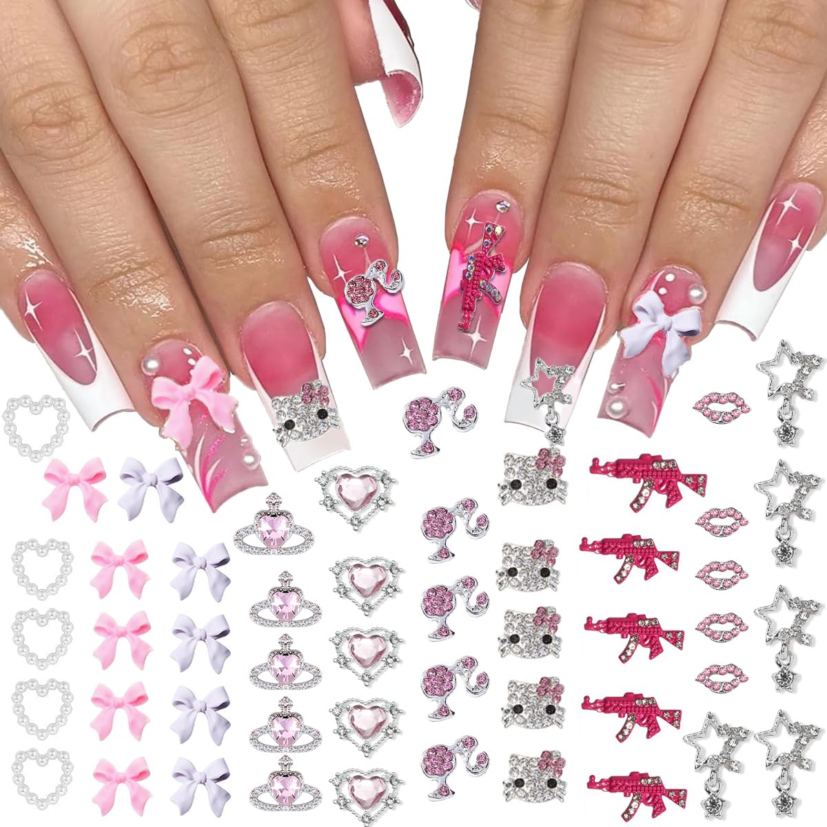 Barbiecore Nail Charms, Pink Gun Head Lip Heart Saturn Rhinestione Nail Art Charms Nail Jewelry Decorations Acrylic Nail Gems Accessories for Women Girl DIY Crafts Supplies