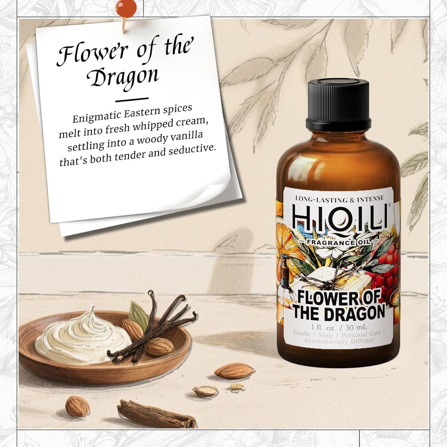 HIQILI Flower of The Dragon Fragrance Oil for Diffuser, Inspired by Td.Orient Fiore-deDrago, Candle, Soap, Perfume & Linen Spray Making, Vanilla Cream Scent, Long-Lasting Aroma - 1 Fl Oz
