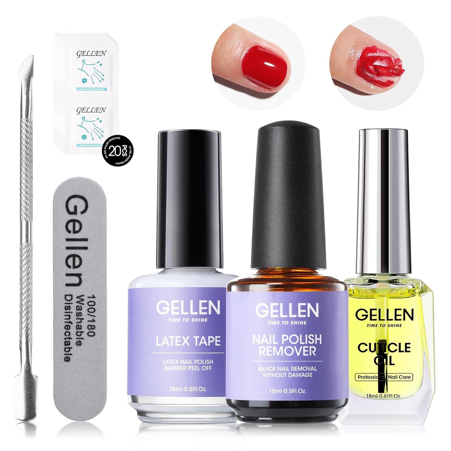Gellen Gel Nail Polish Remover Kit, Gel Polish Remover for Nails with Liquid Latex Tape Cuticle Oil and Manicure Tools, Quick & Easy Gel Remover in 3-5 Minutes, No Soaking Or Wrapping