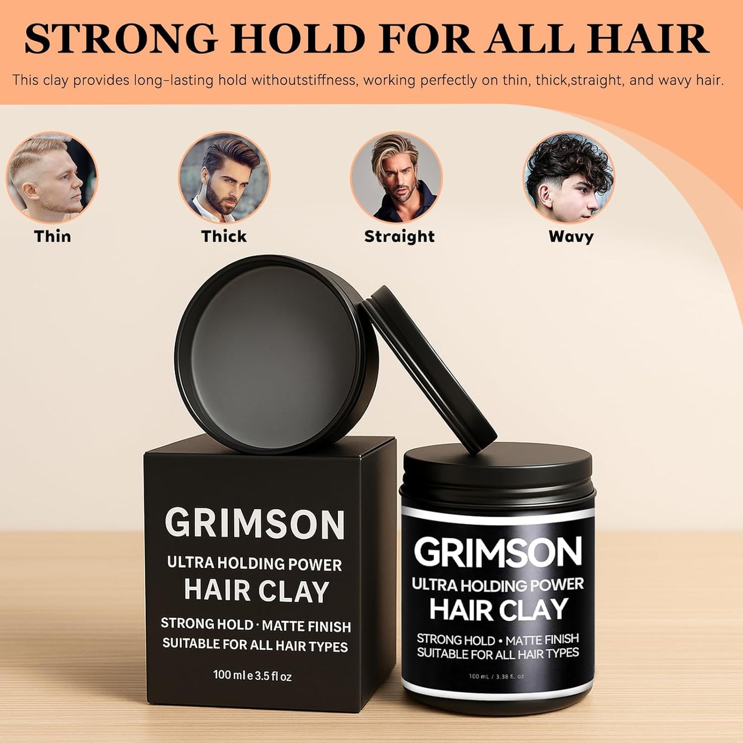 GRIMSON Hair Clay for Men - Strong Hold, Matte Finish, Ideal for All Hair Types & Styles, Easy to Wash Out, Improves Texture & Thickness, Easy to Apply (100g / 3.5oz)