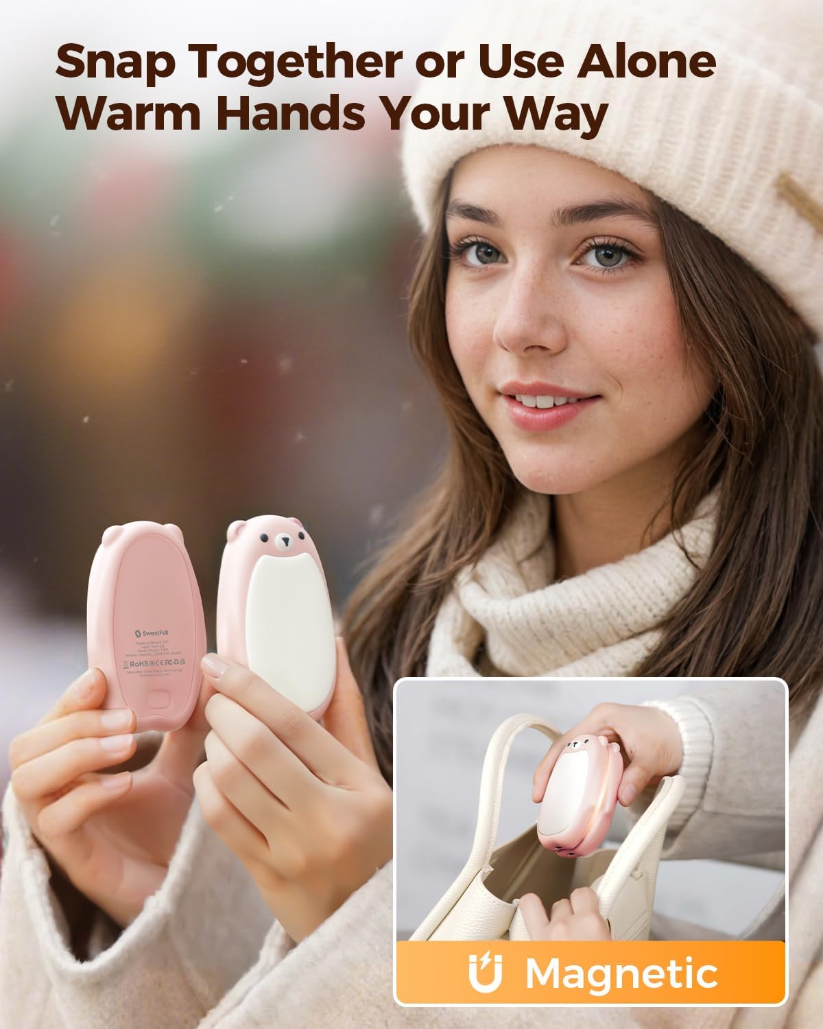 SWEETFULL Hand Warmers Rechargeable – Cute Bear, 2 Pack Magnetic Hot Hands, Reusable Electric Pocket Heater, Great Gift for Daughter, Kids, Wife, or Bestie, Portable for Outdoor & Camping